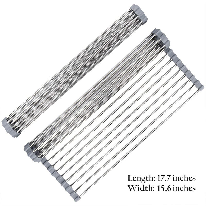 Hhyn Roll Up Dish Drying Rack Over The Sink 17.7"(L) x 15.6"(W), Multipurpose Foldable Stainless Steel Kitchen Rollable Drainer Rack, Gray - Image 3